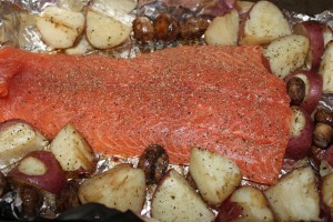 Roasted Salmon w/ mushrooms & potatoes